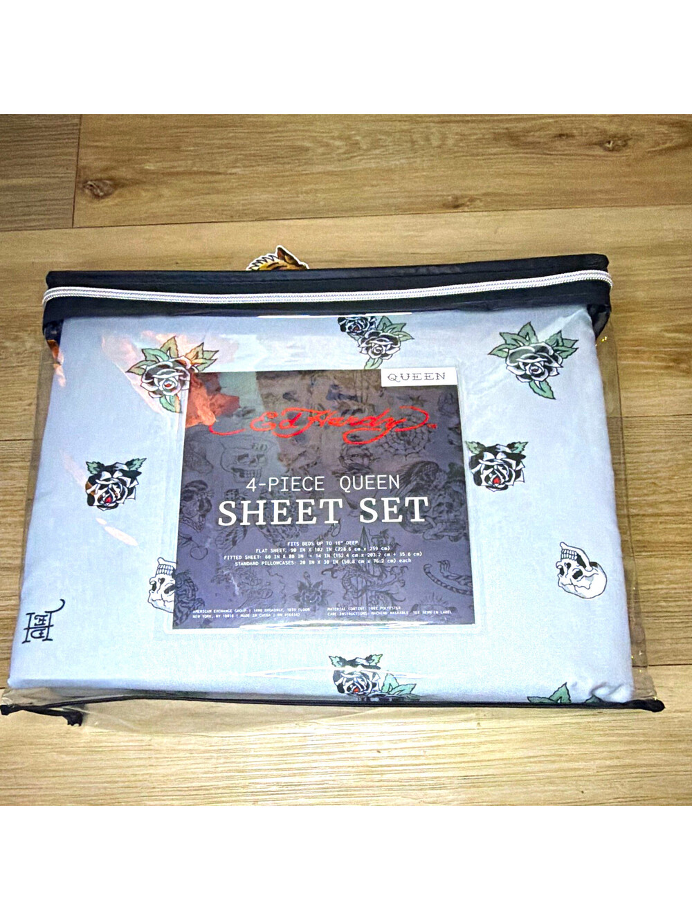Ed Hardy Queen 4-Piece Sheet Set Gray Skull Print Cotton Deep Fitted OEKO-TEX